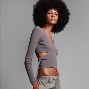 Zara Elegant Gray Ribbed Cutout Top